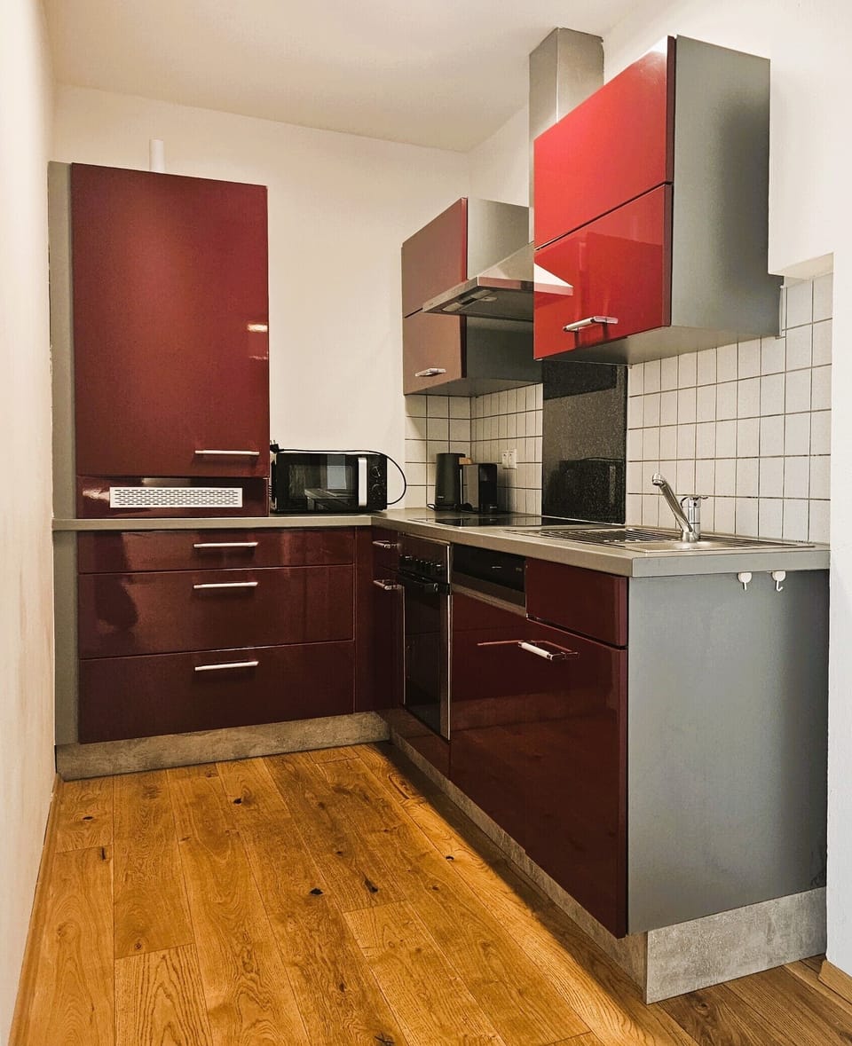 Deluxe Apartment, City View | Private kitchen | Fridge, microwave, oven, stovetop