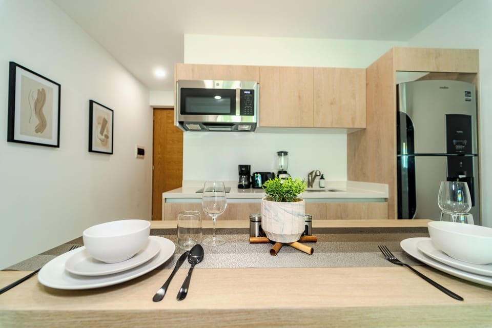 Superior Studio | Private kitchen | Full-size fridge, microwave, toaster, blender