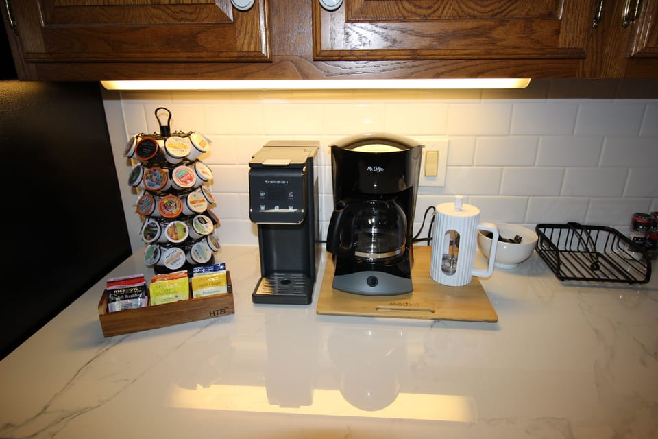 Coffee, tea, and hot chocolate stations.  Your own cold brew and French press!