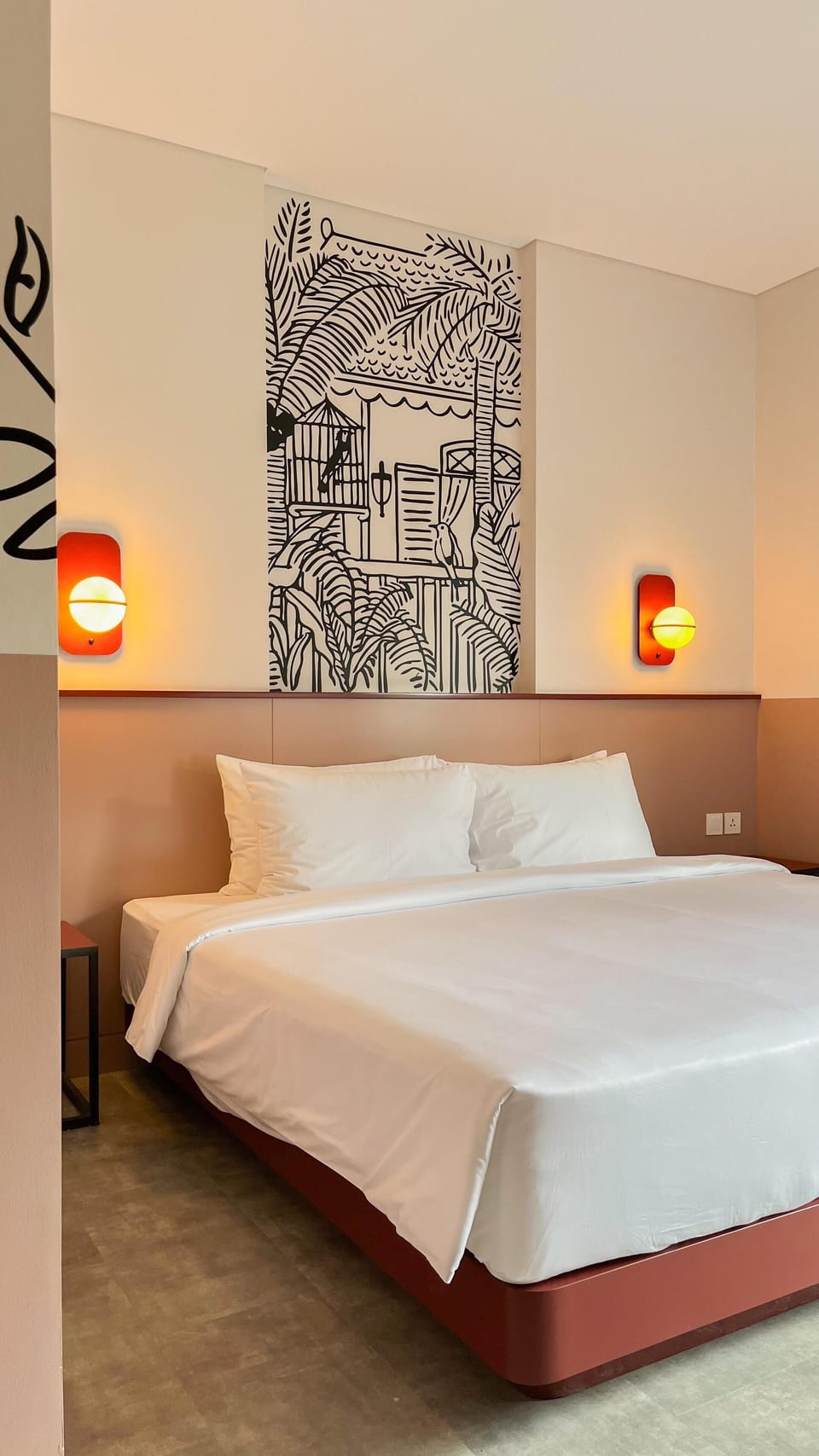 Premium bedding, desk, laptop workspace, blackout drapes