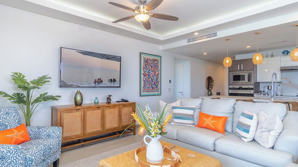 Leather sofas and upholstered chair in the living room.