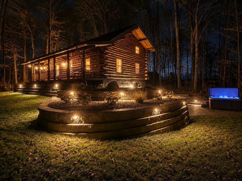 Our log cabin under the lights! Enjoy the hot tub late into the evening under the lights! 