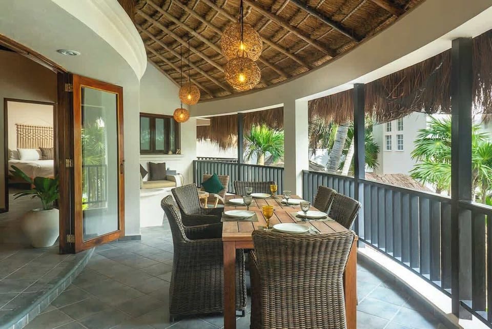 Spacious terrace with a sea view and dinning area