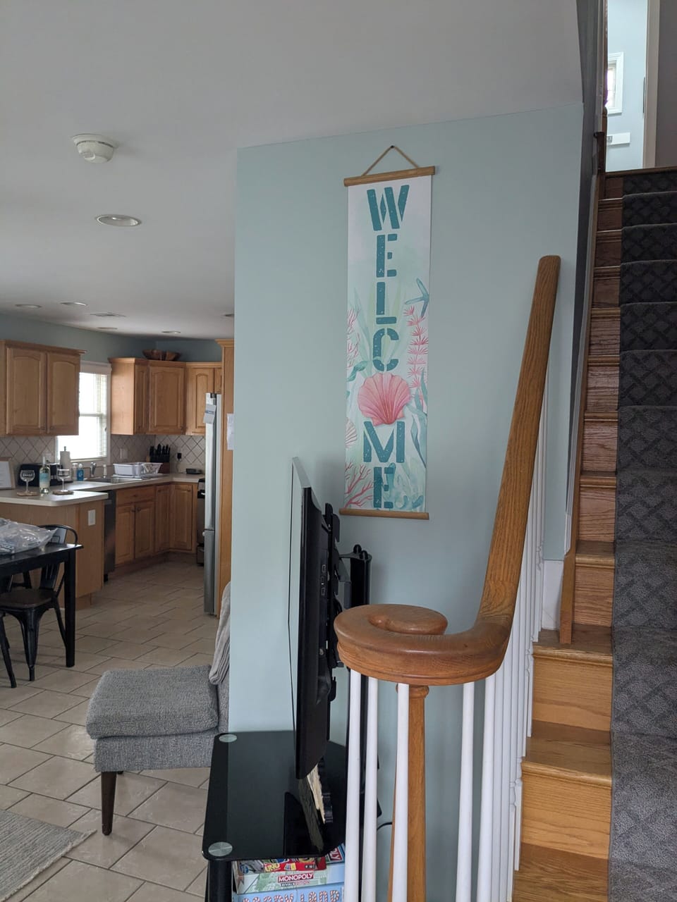 Interior staircase,indoor, coffee and or coffee maker, dining table, daytime