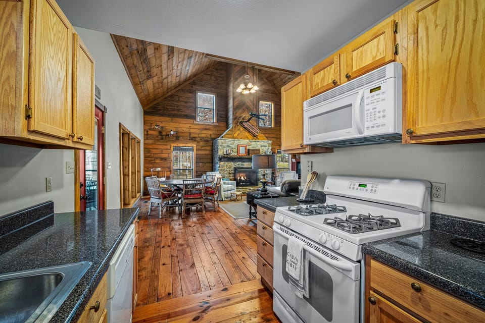 Kitchen next to large living area