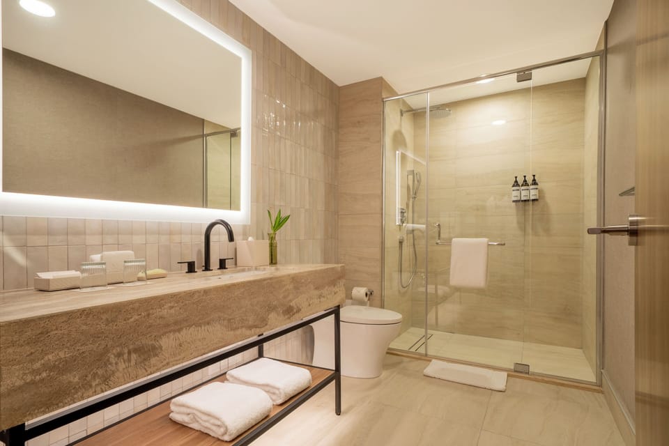 Room, 1 King Bed | Bathroom | Shower, rainfall showerhead, hair dryer, slippers