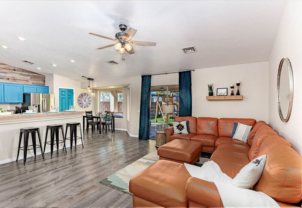 Open concept kitchen/dining/entertainment space