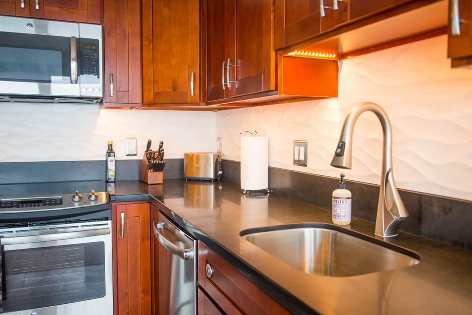 The kitchen is set up for easy meal preparation.