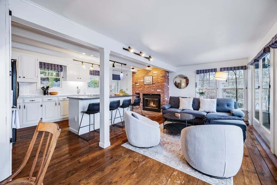 Cozy Kitchen with sitting area and wood burning fireplace