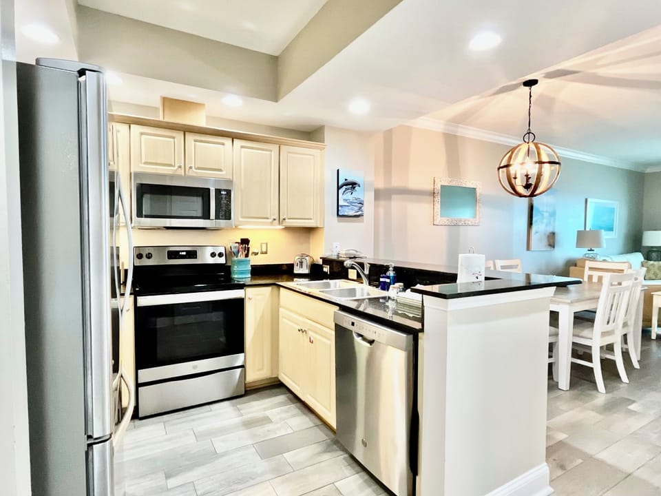 Granite countertops in the kitchen.