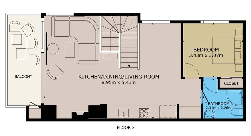 Top floor featuring living, dining and kitchen, as well as the outdoor balcony and master bedroom with full ensuite.