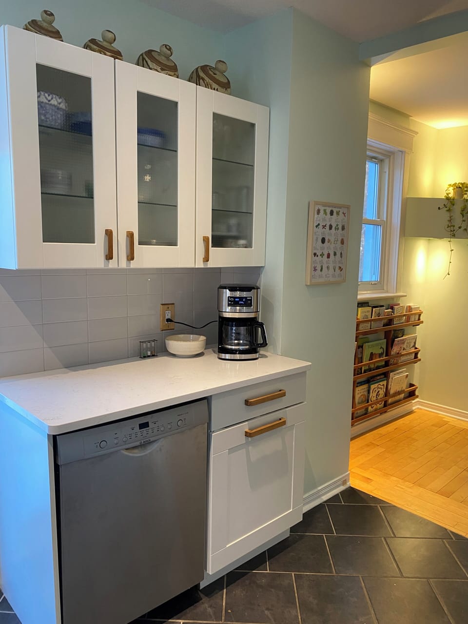 Bosch dishwasher & coffee station with brand new Hamilton Beach coffee maker.