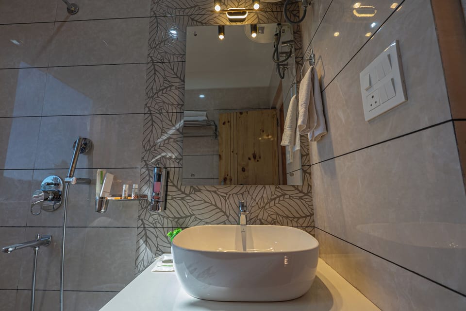 Shower, slippers, towels, soap