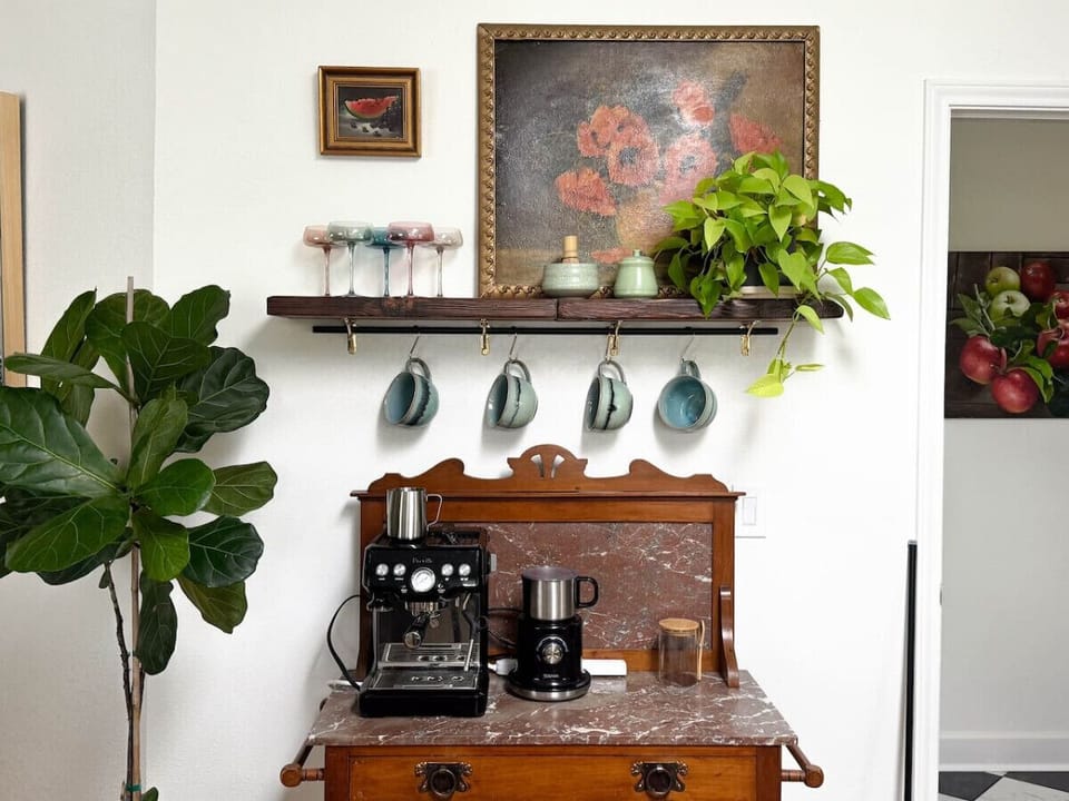 Coffee + Matcha station for all your caffeine needs! Just bring your own coffee, milk, and matcha and you`re good to go. Includes espresso machine, frother, and matcha whisk + bowl