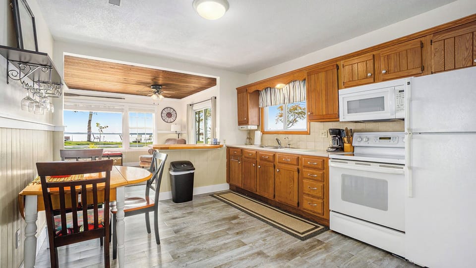 Kitchen of the main cabin.  Notice the views of the beach