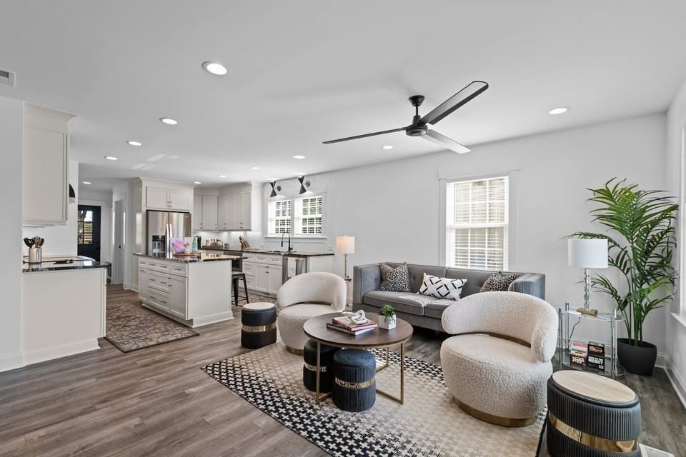 Living Room open to Gourmet Kitchen with Coffee Bar.