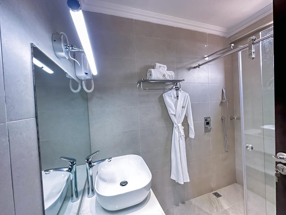Shower, hydromassage showerhead, hair dryer, bathrobes