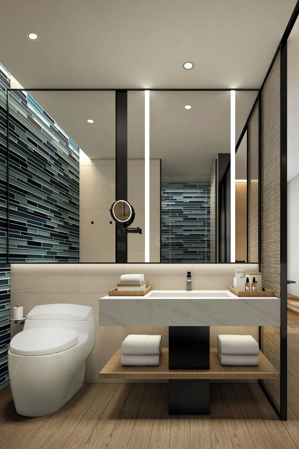 Shower, rainfall showerhead, hair dryer, slippers