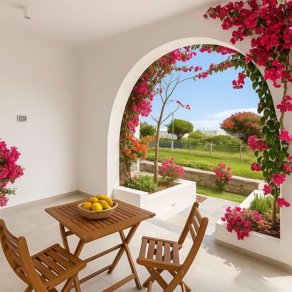 Exterior Courtyard Space – Cycladic Charm
Framed by flowers and white walls, perfect for photos and peace.