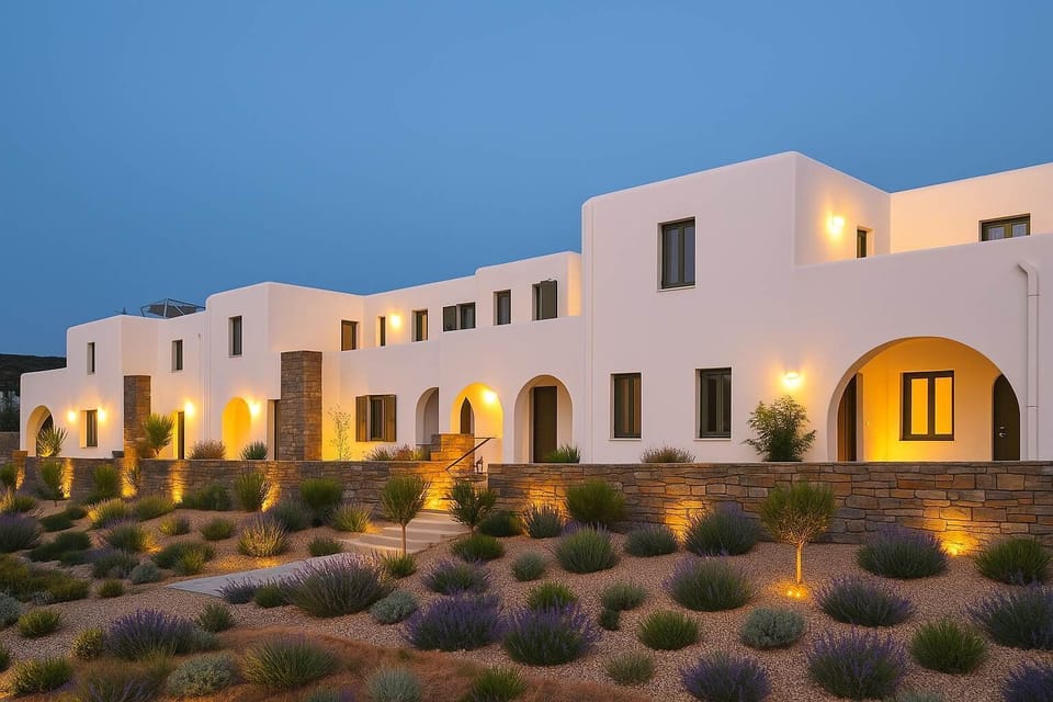 Property Facade – Evening Ambience
Beautiful lighting highlights Cycladic architecture at dusk.