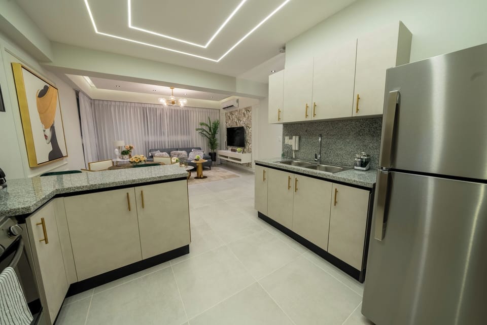 Deluxe Apartment, City View | Private kitchen | Fridge, microwave, oven, stovetop