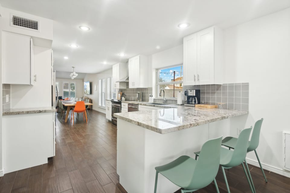 Kitchen with Bar Seating for 3 – Great for Breakfast or Evening Drinks  