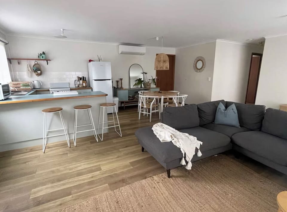 Open kitchen, dining and living.
