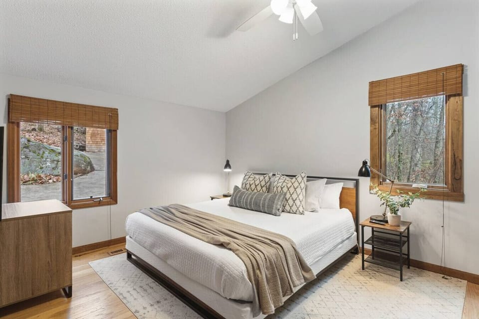 One King size bed in bedroom #1 with ensuite bathroom, large closet, and room-darkening shades.