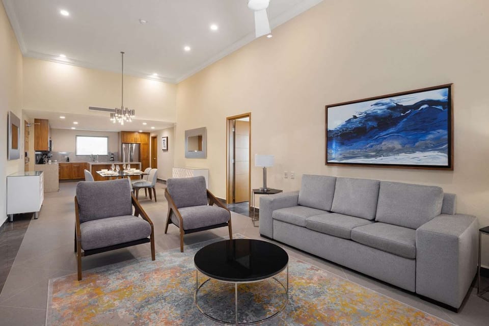 Flat-screen TV, table tennis, pay movies, printers