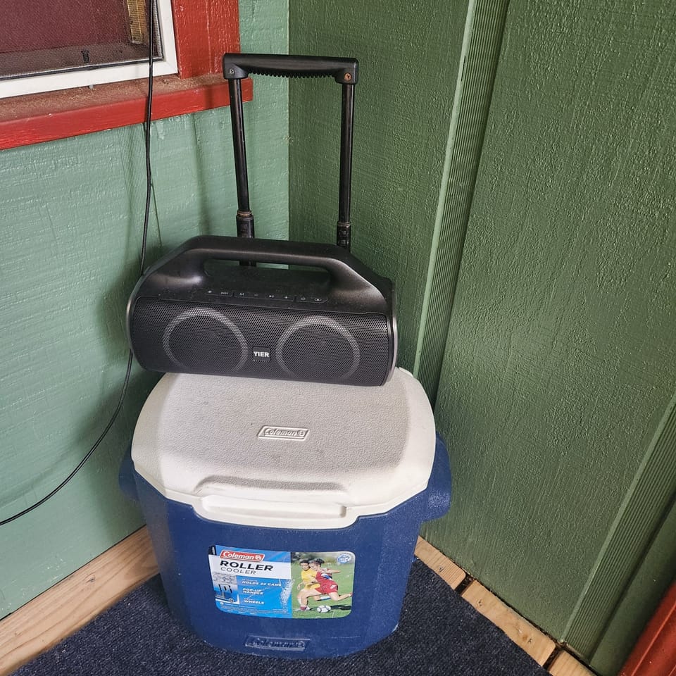 Rolling cooler and blue tooth speaker to take to the dock.