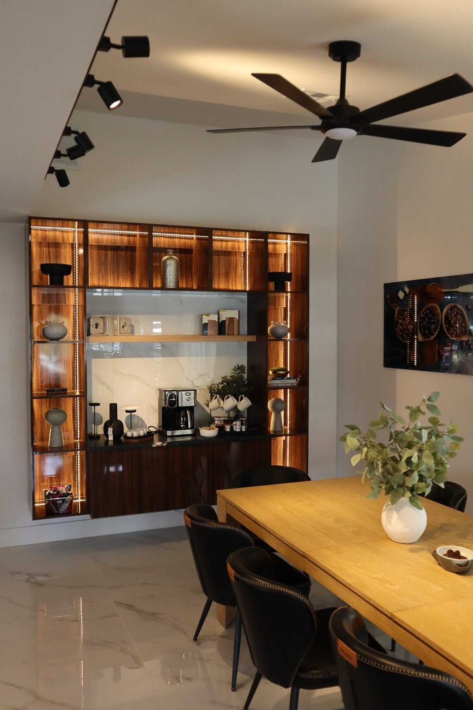 Spacious dining room featuring a coffee and snack station.
