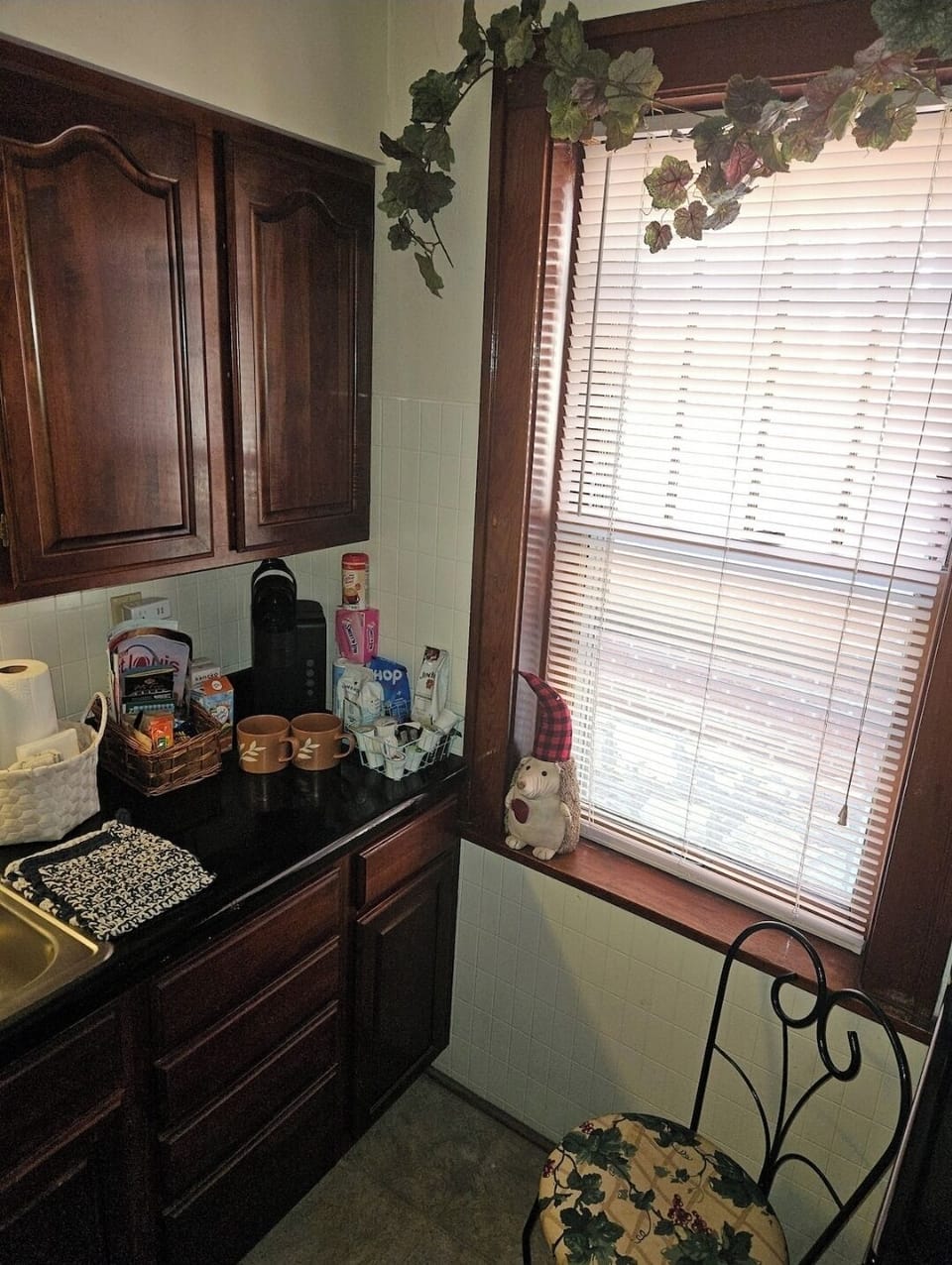 Beverage and snack station offering a variety of coffee, tea, cocoa, snacks, etc