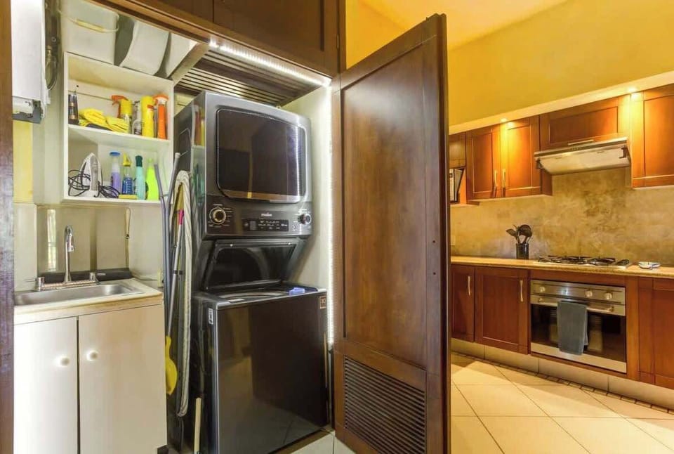 There's a stacked washer and dryer
