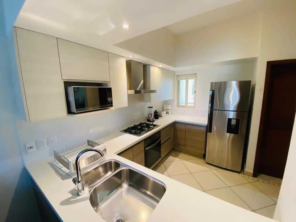 The kitchen has all the necessary appliances, cookware, and dishware to prepare simple meals at home