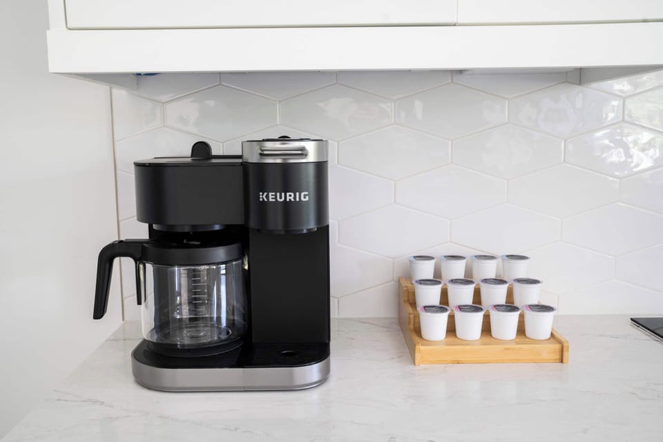 Start your mornings right with our Keurig coffee maker, complete with a variety of coffee pods to suit every taste. 