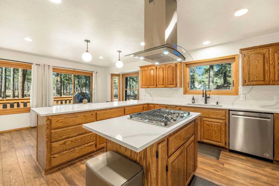 Plenty of seating at the dining table and a fully stocked kitchen