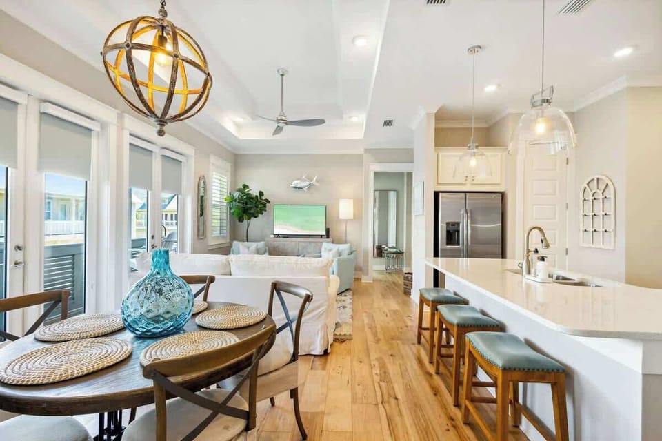 Kitchen island features seating for 3.
