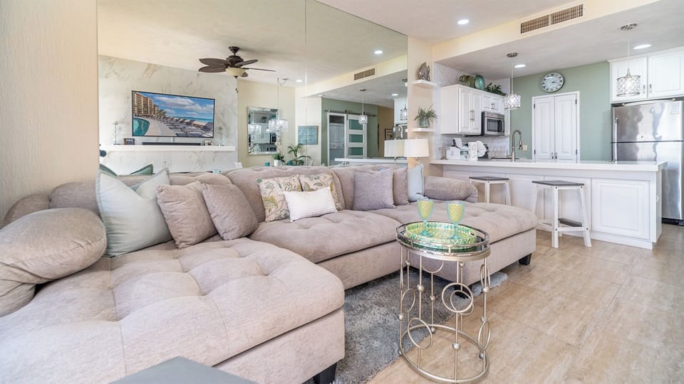 The living room and kitchen.