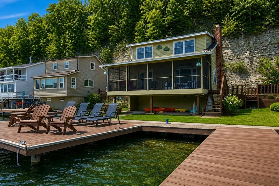 Nestled at the edge of a serene lake, this charming dock features a row of inviting, comfortable chairs, perfect for relaxing and enjoying the peaceful surroundings. The chairs, crafted from weather-resistant materials, are designed for comfort with 