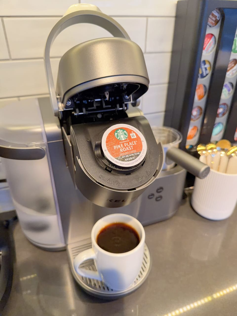 K-Cup machine with milk frother, drip coffee and stovetop espresso maker.