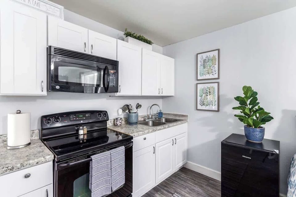 Kitchen is equipped with all the essentials to make a gourmet meal.