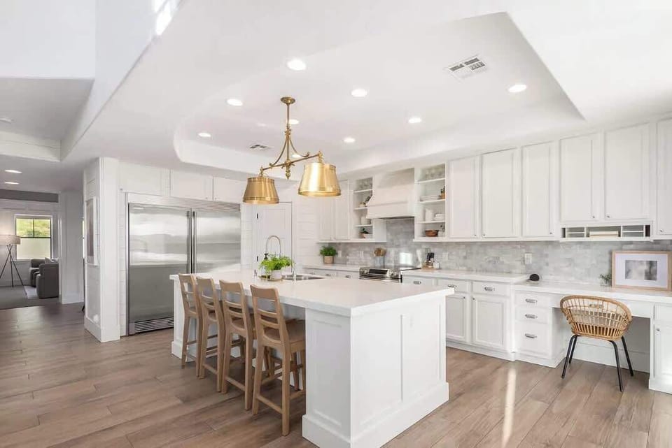 Open kitchen with a Dining counter in the center.