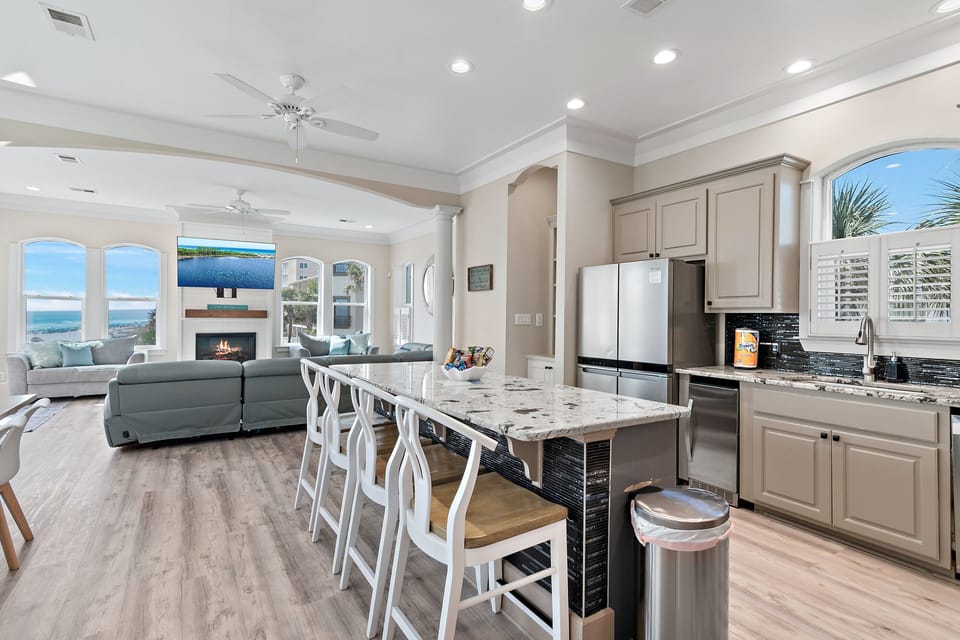 Open Living space on the 2nd Level - Kitchen, Dining, Living Room, and Large balcony with seating/dining space and Gulf and Beach views!