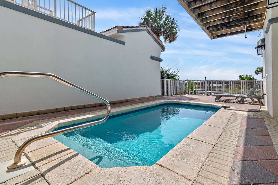PRIVATE POOL: Private, Heated Pool (12x8') on the 1st Floor Patio with lounge chairs, outdoor dining table, and Gulf Views - unlike other nearby rentals, heating the pool is FREE!
