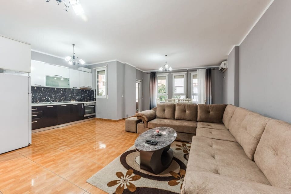 Living room and fully-equipped kitchen