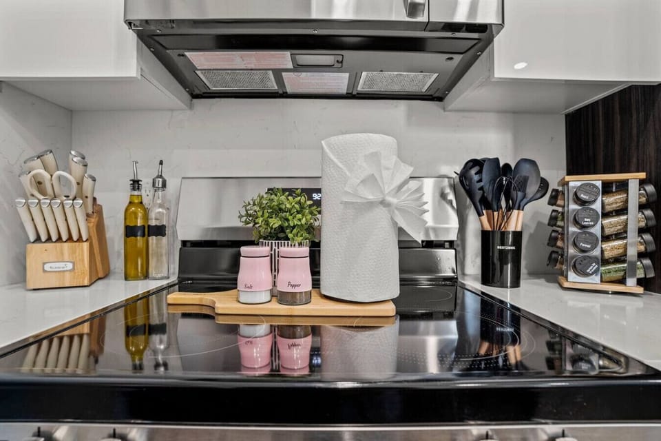Electric stove with everything you need to cook a quick or gourmet meal: knife set, utensils, salt/pepper, paper towel, oil, and a plethora of spices.