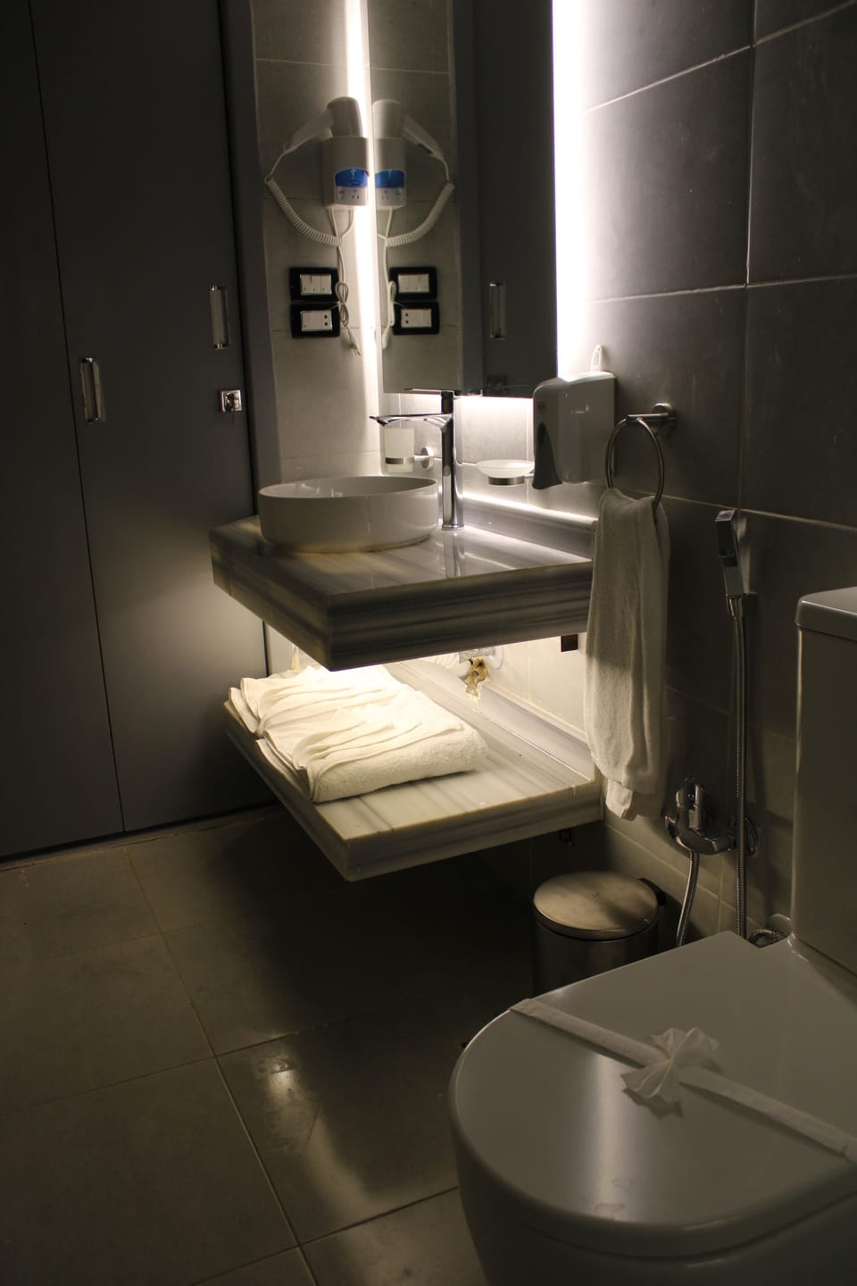 Combined shower/tub, free toiletries, hair dryer, towels