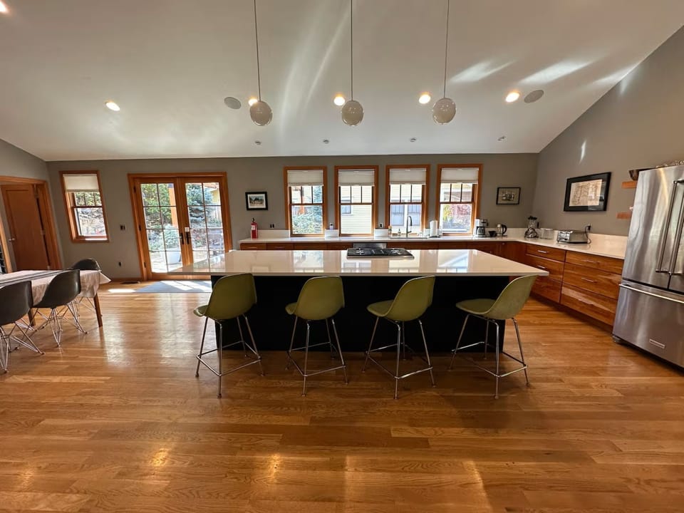 From the living room, the kitchen is in full view.