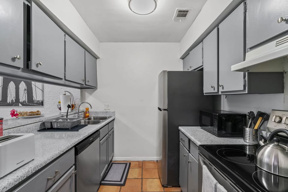 fully stocked kitchen with all amenities needed for dining in or take out