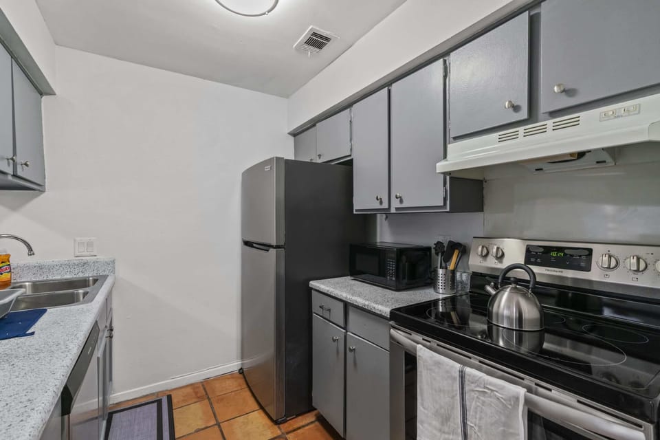 fully stocked kitchen with all amenities needed for dining in or take out